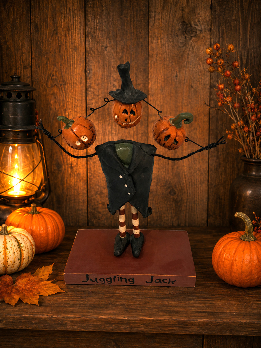 Vintage Primitive Style Juggling Jack Headless Pumpkin Halloween 9 1/2" Figure